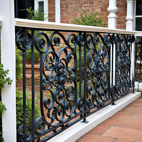 40 Porch Railing Ideas to Transform Outdoor Spaces Front Porch Railing Ideas Wrought Iron, Decorative Porch Railing, Iron Porch Railing Ideas, Porch Banister, Rod Iron Railing, Front Porch Railing Ideas, Porch Railing Ideas, Wrought Iron Railing Exterior, Wrought Iron Porch Railings