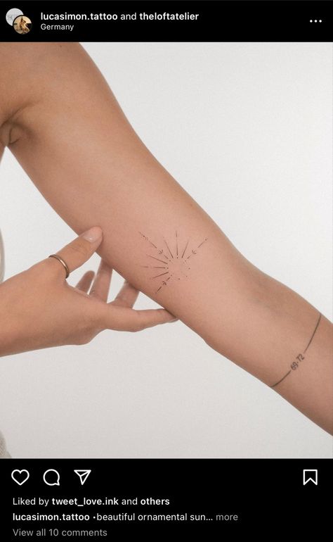 Sun Bracelet Tattoo, Under The Same Sun Tattoo, Radiate Tattoo, Rising Sun Tattoo Designs, Dot Work Sun Tattoo, Minimalist Tattoo Sun, Sunkissed Tattoo, Sun Tattoo Women, Sun And Water Tattoo