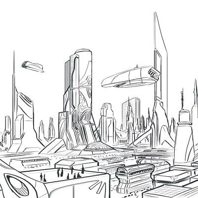 ArtStation - City Sketch Perspective Art Reference City, Sci Fi City Drawing, Cyberpunk City Drawing Sketch, Future Drawing City, Sketches Of Cities, Futuristic Building Drawing, Dystopian City Drawing, Futuristic City Sketch, Future Buildings Drawing