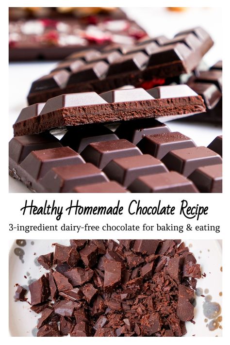 This easy recipe for healthy homemade chocolate bars makes delicious dark chocolate that melts in your mouth. Only three ingredients! It's perfect to use as a Paleo-friendly or refined sugar-free alternative in any recipes calling for chocolate chips or chunks. You can also use this recipe for homemade vegan chocolate bars! How To Make Homemade Chocolate, Homemade Healthy Chocolate, Homemade Vegan Chocolate, Chocolate Bar Recipe, Homemade Dark Chocolate, Dark Chocolate Recipes, Vegan Chocolate Bars, Healthy Dark Chocolate, Homemade Chocolate Bars