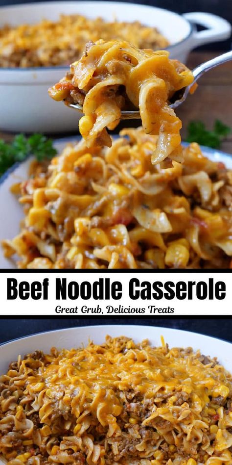 Beef Noodle Casserole is a flavorful and easy main dish recipe, made with seasoned ground beef, egg noodles, tomato sauce, corn and lots of delicious cheese, and is great served hot with crusty bread. Ground Beef Country Casserole, Easy Meat Casserole Recipes, Crock Pot Main Dishes, Noodle Hamburger Recipes, Ground Beef Recipes Few Ingredients, Hamburger Noodle Bake, Ground Beef Hot Dish Recipes, Ground Beef Recipes Without Cheese, Tallerine Recipe