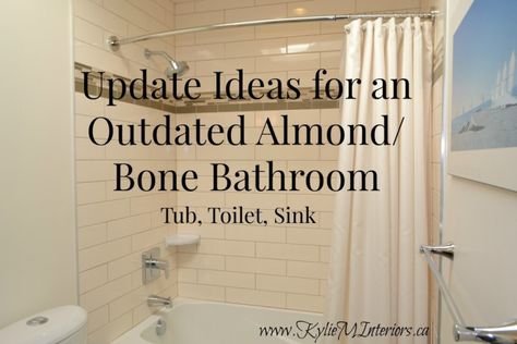 update ideas for an almond or bone bathroom, tub, toilet and sink Almond Bathroom Fixtures, Bone Bathroom, Tub Bathroom Ideas, Color Bathtub, Kylie M Interiors, Colored Toilets, Cream Bathroom, Restroom Design, Beige Bathroom