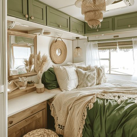 33 RV Remodeling Ideas ** SEE THEM NOW ** Camper Repaint Interior, French Country Rv Remodel, Rv Color Palette, Remodeled Small Campers, Camper Redo Travel Trailer Remodel, Green Interior Camper, Off Grid Camper Living, Bohemian Camper Decor, Cheap Camper Remodel Ideas Diy