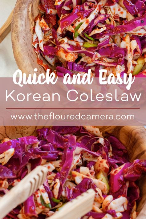 Korean Red Cabbage Slaw, Spicy Vinegar Coleslaw Recipe, Korean Cabbage Slaw, Kimchi Slaw Recipes, Korean Slaw Recipes, Korean Coleslaw Recipe, Chapchae Recipe, Kimchi Coleslaw, Korean Coleslaw