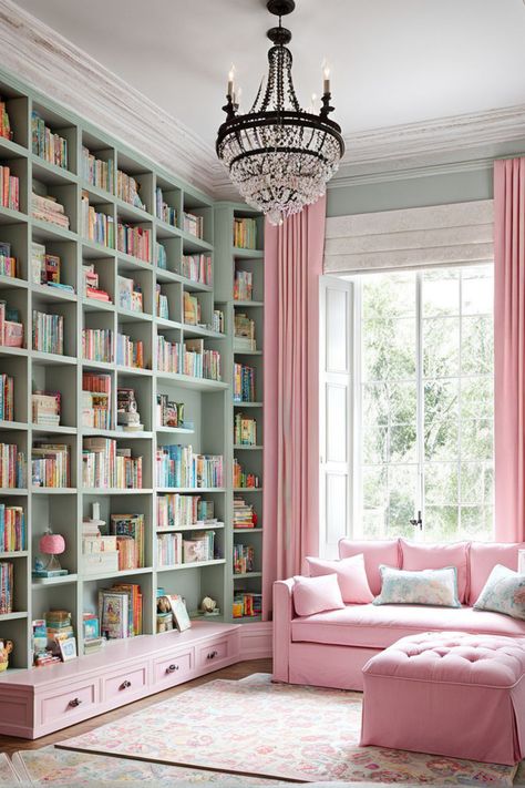 Shabby chic library room for girls with a pink color palette Ladies Library Room, Pink Library Aesthetic Wallpaper, In Room Library, Pink Billy Bookcase, Kids Built In Bookshelves, Shabby Chic Library, Girly Home Library, Feminine Library Room, Pink Built In Bookcase