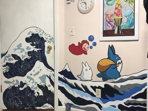 Anime Bathroom Decor, Pokemon Wall Painting, Ponyo Themed Bedroom, Ponyo Bathroom, Ponyo Nursery, Ponyo Room Decor, Ponyo Decor, Anime Wall Painting Ideas, Anime Wall Painting