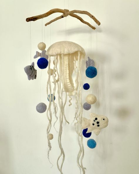 Ocean home mobile#needlefelting#felt#woolsculpture#soft#handmade#craft#sea#ocean#jellyfish#fish#deapwater#underwater#homedecor#art#blue#animals#animation#fantasy#dream#kids#kidsroom#babyroom Jelly Fish Mobile, Deep Sea Nursery, Aquarium Nursery, Jellyfish Mobile, Exhibition Project, Ocean Jellyfish, Fish Mobile, Blue Animals, Jellyfish Decorations