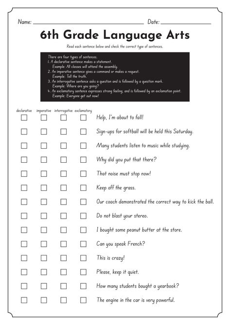 6th Grade Writing Worksheets, 6th Grade English Worksheets, Middle School Worksheets, 5th Grade Language Arts, 6th Grade Language Arts, 6th Grade English, Middle School Reading Comprehension, Language Concepts, Declarative Sentences