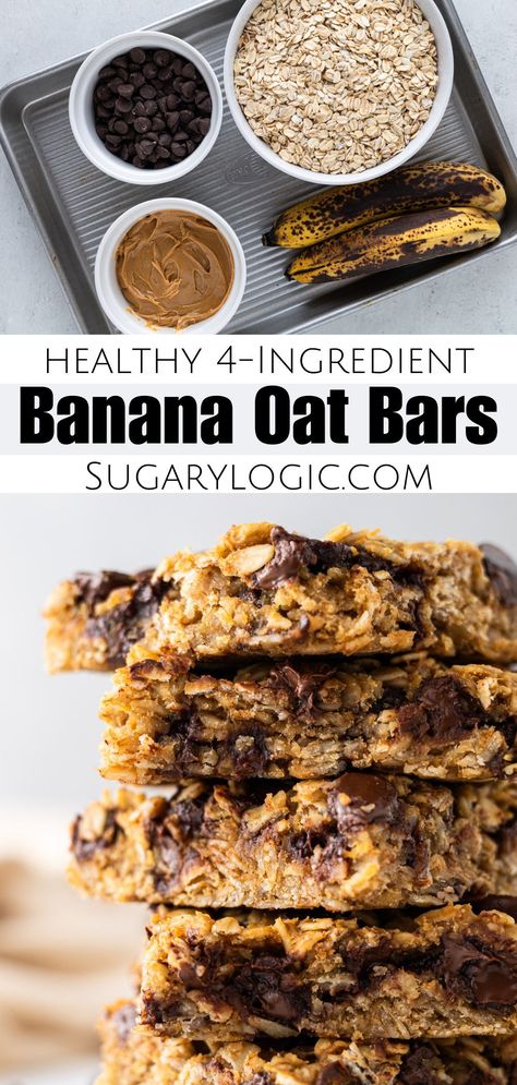 Discover the magic of our easy-peasy Banana Oat Bars! Made with just four ingredients that you probably already have in your pantry, these delicious bars are incredibly healthy and perfect for snacking. Don't let those ripe bananas go to waste – turn them into a delightful treat you and your loved ones won't resist. Pin this recipe now to make the most of your next batch of overripe bananas! No Bake Peanut Butter Banana Oat Bars, Healthy Banana Snacks Easy, Healthy Banana Peanut Butter Recipes, Banana Oats And Peanut Butter, Banana Oatmeal Recipes Healthy, Peanut Bars Healthy, Banana Oat Dessert, Peanut Butter Oatmeal Protein Bar, Banana Oat Clusters Recipe