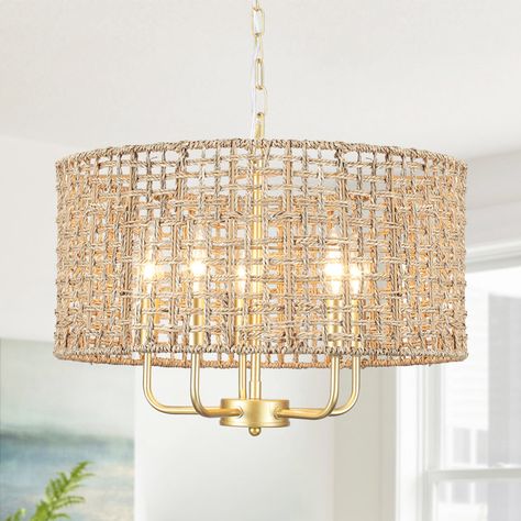 Bay Isle Home Ekkehard 5 - Light Dimmable Drum Chandelier & Reviews | Wayfair Chandelier Natural, Rattan Chandelier, Coastal Lighting, Kitchen Lights, Vintage Style Decorating, Rattan Pendant Light, Bedroom Idea, Candle Style Chandelier, Candle Chandelier