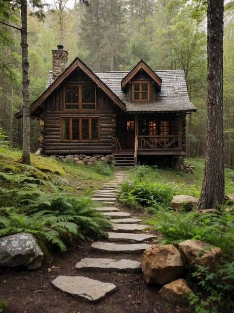 Woodland House Exterior, Small Cottage Cabin, Homes In The Forest, Woodland Cabin, Washington Cabin, Cozy Cabin Exterior, Cabin Landscaping, Cottage In Woods, Log Cabin In Forest