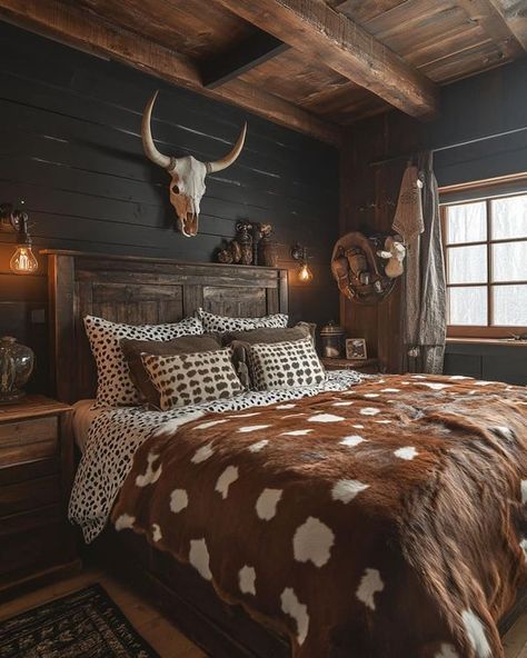 Modern Cabin Bedroom Ideas, Ranch Style Bedroom, Modern Cabin Bedroom, Modern Western Bedroom, Southwest Bedroom, Western Bedrooms, Cowgirl Room, Country Bedroom Decor, Western Bedroom Decor