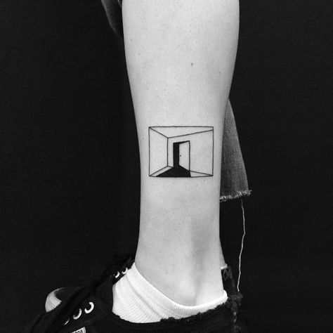 Open Door Tattoo, Black Square Tattoo, Door Tattoos, Cube Tattoo, Door Tattoo, Box Tattoo, Square Tattoo, Black And White Tattoo, Viking Bear