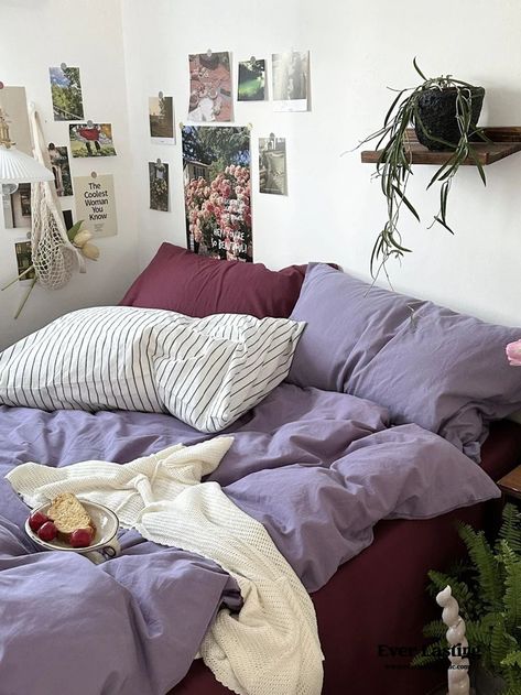 Berry Purple Bed Sheet | Best Stylish Bedding | Ever Lasting Striped Bedding Styling, Multi Colored Bedding, Purple Sheets Bedding Color Combos, Bedding Set Ideas Color Schemes, Dark Vs Light Bedding, Cozy Bedroom With Seating Area, Purple And Orange Bedding, Raspberry Pink Bedding, Purple Sheets Aesthetic