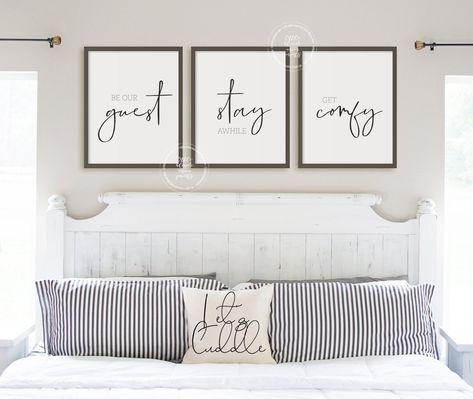 Small Guest Room Ideas, Guest Room Wall Art, Guess Bedroom, Guess Room, Over The Bed Decor, Farmhouse Guest Bedroom, Guest Room Sign, Bedroom Wall Decor Above Bed, Wall Decor Above Bed