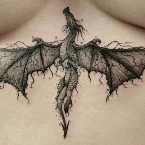 Dragon Tattoo Chest, Emo Tattoos, Violet Sorrengail, Rebecca Yarros, Goth Tattoo, Dragon Tattoo For Women, Chest Tattoos For Women, Chest Piece Tattoos, Creepy Tattoos