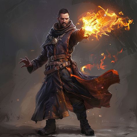 male mage casting fireball Mage Battle Pose, Dnd Fire Sorcerer, Battle Mage Concept Art, Fire Mage Art, Mage Pose Reference, Mage Costume, Masculine Poses, Dnd Characters Art, Dnd Roleplay