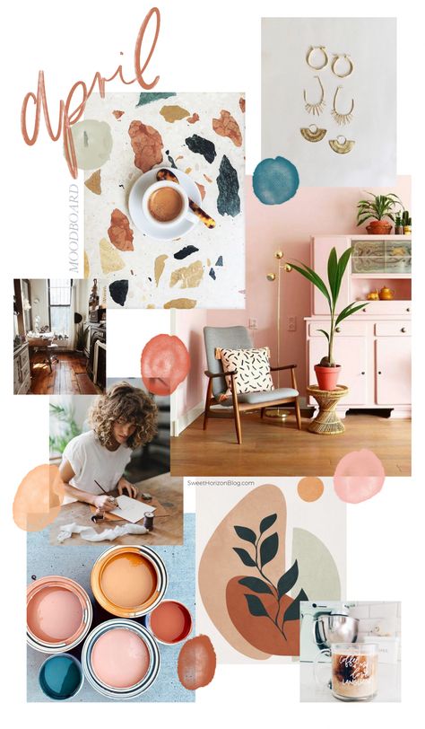 April 2019 Moodboard Sweet Horizon Studio Blog | Brandboard | Handlettering | Calligraphy | Handwriting | Blush Tones | Warm Tones | Burnt Sienna | Color Scheme | Color Palette | Feminine Colors | Feminine Moodboard | April Moodboard, Dekorasi Kamar Tidur, Monthly Goals, Blog Logo, Mood Board Inspiration, Color Palette Design, Mood Board Design, Colour Board, Inspiration Boards