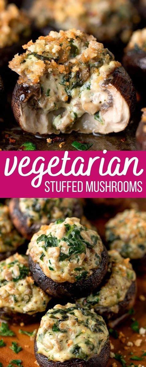 vegetarian stuffed mushrooms with spinach and cheese Vegetarian Cooking, Essen, Stuffed Mushrooms Vegetarian, Vegetarian Thanksgiving, Scooby Snacks, Stuffed Mushroom, Vegetarian Appetizers, Tasty Vegetarian Recipes, Vegetarian Dinners