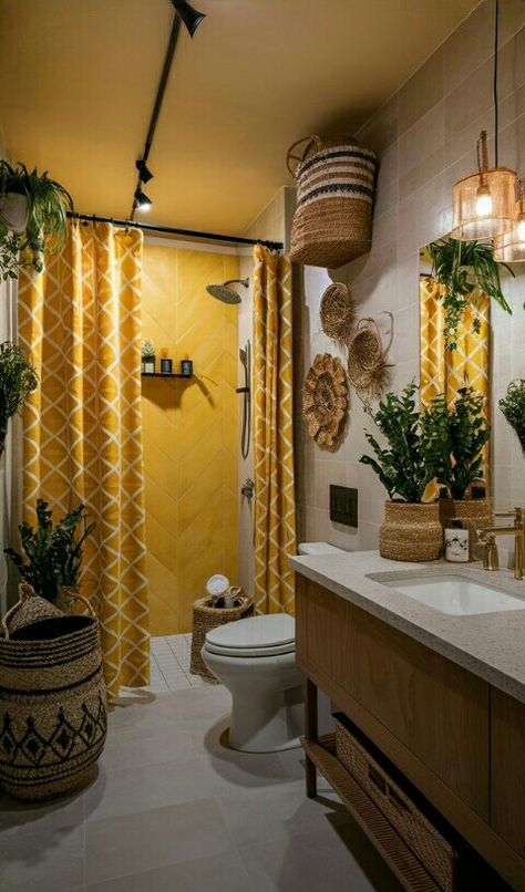 Boho Bathroom Yellow, Yellow Bathroom Aesthetic, Boho Restroom Decor, Boho Washroom, Yellow Boho Bathroom, Mustard Yellow Bathroom, Mustard Bathroom, Vintage Yellow Bathroom, Vibe Bathroom