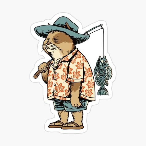 Get my art printed on awesome products. Support me at Redbubble #RBandME: https://www.redbubble.com/i/sticker/Cat-Goes-Fishing-Cute-Cat-Goes-Fishing-Illustration-by-P-ashion-Tee/76729563.EJUG5?asc=u Fisher Cat, Fish Clipart, Cartoon Fish, Cute Cat Illustration, Fish Illustration, Hairless Cat, Hiking Outfit, Buy A Cat, Ios Icon