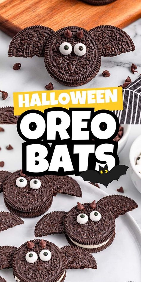 Just look at these adorable little Halloween themed snacks. They're bats and they're so simple to make. All you need for this fun project is Oreo cookies, some chocolate chips and candy eyeballs. With just those ingredients and a little time you can make these gorgeous snacks which are nearly TOO cute to eat! You can make a bigger batch too, since these keep for up to a week. Every time you see one of these cute little Halloween bat Oreos you're going to smile because they're fun and so CUTE! Cute Halloween Themed Food, Easy Halloween Snacks For Class Party, Halloween Oreo Bats, Fun And Easy Halloween Treats, Simple Halloween Recipes For Kids, Halloween Bat Snacks, Halloween Crafts Food, Oreo Cookie Halloween Treats, Oreo Bat Cookies