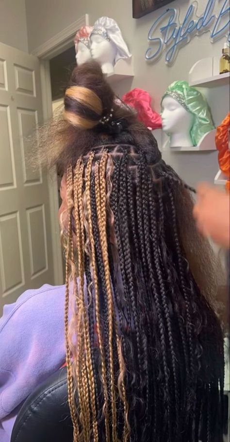 Knotless Braids With Skunk Patch Color, Brown Skunk Stripe Braids, Skunk Stripe Boho Braids, Peekaboo Bohemian Braids, Skunk Stripe Braids Knotless, Ginger And Black Braids, Skunk Stripe Knotless Braids, Color Combos For Braids, Braids With Brown