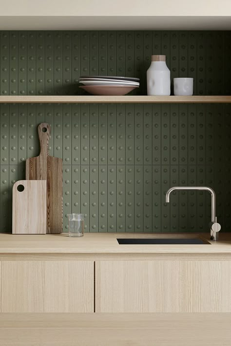 Decorative 3D wall tiles. Choose from Concave (Down) dots or elevated (Up) dots. Available in 10 colours with both matt and gloss surface finish options #interiordesign #kitchensplashback #tiles #tiletrends #interiordesigntrends #kitchentiles #splashbackdesign Kitchen Splashback Designs, Kitchen Tile Inspiration, Green Tiles, 3d Wall Tiles, Retro Interior Design, Splashback Tiles, Kitchen Design Inspiration, Tile Trends, Kitchen Splashback