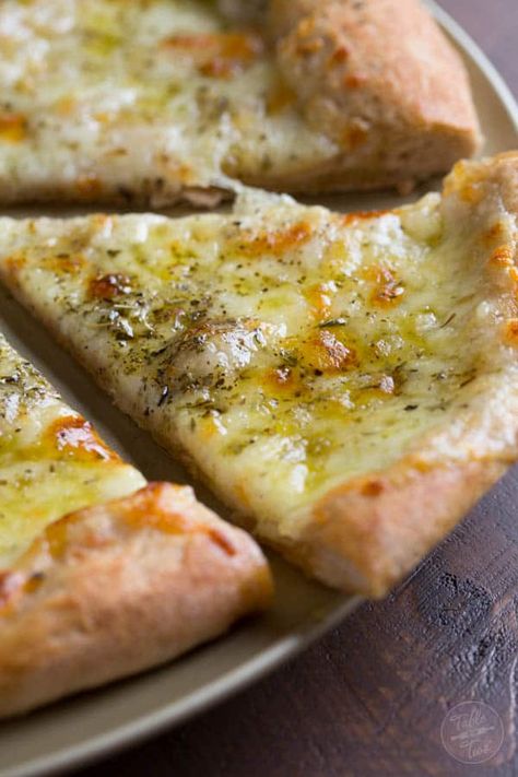 White Pizza | Table for Two® by Julie Chiou Homemade White Pizza Recipe, Pepper And Onion Pizza, Pizza Chips Recipe, Garlic Pizza Recipe, Pizza White Sauce Recipe, Pizza Knots, Cheese Pizza Recipes, Pizza Spinach, Boboli Pizza