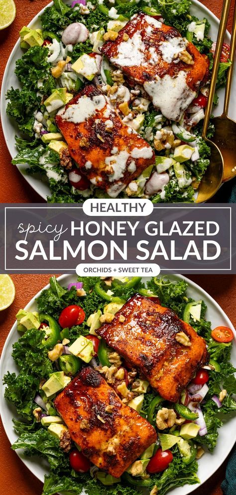 Get ready to tantalize your taste buds with our Spicy Honey Glazed Salmon Salad! This isn't your ordinary salad--- It's a vibrant mix of succulent salmon fillets coated in a sweet and spicy glaze, kale, jalapenos, cherry tomatoes and creamy avocado. Don't forget that delicious creamy Cucumber Dill Sauce drizzled right on top! Totally Gluten-free + Dairy-free. Vegan Option. | honey glazed salmon recipes healthy Honey Glazed Salmon Recipes, Glazed Salmon Recipes, Salmon Recipes Healthy, Cucumber Dill Sauce, Honey Glazed Salmon Recipe, Honey Glazed Salmon, Salmon Glaze Recipes, Salmon Salad Recipes, Cucumber Dill