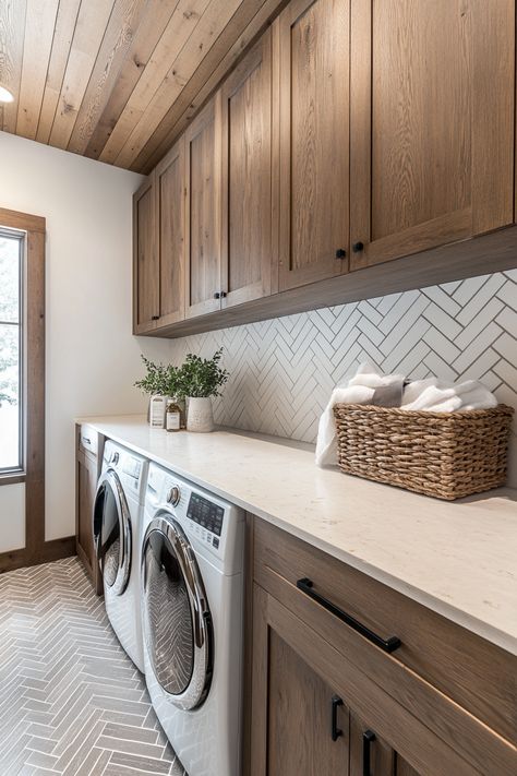 Big Laundry Room Ideas Farmhouse, Laundry Room With Hardwood Floors, Light Oak Laundry Room, Laundry Room With Herringbone Tile, Long Laundry Room Design, Laundry Cabinetry Ideas, White Farmhouse Laundry Room, Laundry Room With Mud Room, Laundry Room With Wood Cabinets