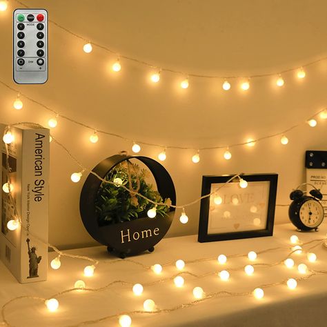 String Lights For Room, Fairy Lights Small, Long Fairy Lights, White String Lights Bedroom, Fairy Lights Boys Bedroom, Warm Bedroom Lights, Bulb Fairy Lights Bedroom, Simple Fairy Lights Decor, Lights For Room Decoration