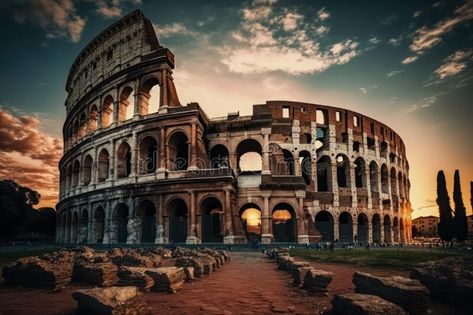 Ancient Colosseum in Rome at sunset. Created with generative AI technology. royalty free stock photo Technology Illustration, Colosseum Rome, Ancient Rome, Artistic Designs, Rome, Stock Illustration, Royalty Free Stock Photos, Royalty, Royalty Free