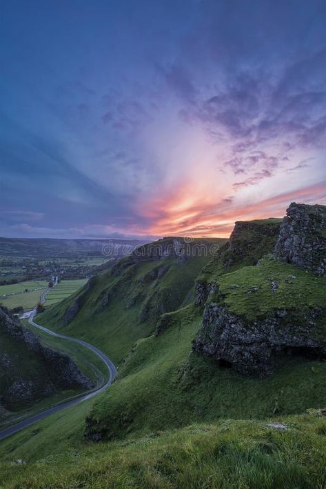 Stunning dramatic early Autumn dawn landscape image viewed along Winnats Pass in Peak District England royalty free stock image Snake Pass Peak District, Winnats Pass Peak District, Peak District Aesthetic, Peak District England, Dawn Landscape, Autumn Sunrise, Sunrise Landscape, County House, Early Autumn