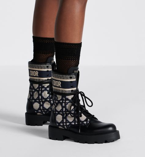 D-Major Ankle Boot Black Calfskin with Deep Blue and Beige Embroidered Cannage Cotton | DIOR Christian Dior Fashion, Christian Dior Couture, Dior Beauty, Dior Fashion, Dior Couture, Long Socks, Black Ankle Boots, Accessories For Women, Deep Blue