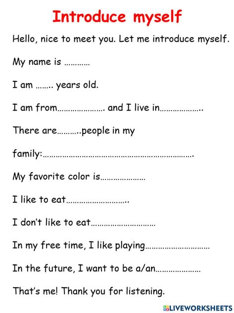 Myself Worksheets For Kindergarten, Myself Worksheets For Kids, Myself Worksheets For Grade 1, Allow Us To Introduce Ourselves, Be Going To Worksheet, English Introduction, Thank You For Listening, Work Sheet, Introduce Myself