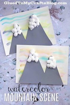 Watercolor Snowy Mountain Scene - Kid Craft Idea w/free printable template Mountain Crafts For Kids, Mountain Crafts, January Art, Kindergarten Art Projects, Winter Art Projects, Snowy Mountain, Kid Craft, Kindergarten Crafts, Winter Crafts For Kids