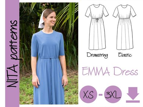 PDF Emma Drawstring Waist Dress Pattern | Bonus Puff Sleeve| Women's Modest Cape Dress | Knit Fabric, Emma Dress NITA patterns -  #Bonus #Cape #drawstring #Dress #Emma #Fabric #Knit #Modest #NITA #Pattern #Patterns #PDF #puff #Sleeve #Waist #Womens Drawstring Dress Pattern, Nursing Dress Pattern, Cape Dress Pattern, Modest Dress Outfits, House Dress Pattern, Modest Dress Patterns, Amish Dress, Mennonite Dress, Sewing Dresses For Women