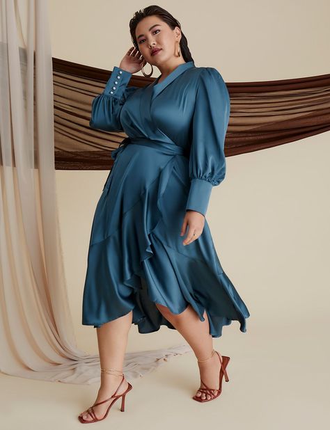 Bishop Sleeve Wrap Dress | Women's Plus Size Dresses | ELOQUII Summer Mother Of The Bride Dresses, Plus Size Work Dresses, Cocktail Attire For Women, Dress Code Wedding, Plus Size Party Dresses, Business Casual Dresses, Cocktail Attire, Bride Clothes, Bishop Sleeve