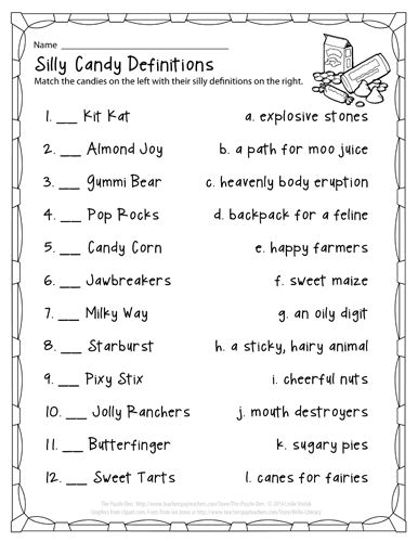 Silly Candy Definitions - a fun Halloween treat! Halloween Brain Teasers, Halloween Homeschool, Hallmark Halloween, Library Games, Group Meeting, Halloween Puzzles, Halloween Worksheets, Art Activities For Toddlers, Free Puzzles