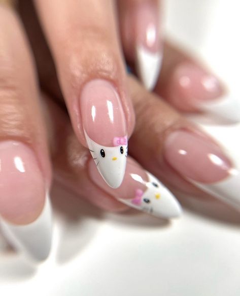 Cat Nail Art Designs, College Nails, Paznokcie Hello Kitty, Hello Kitty Nails Art, Cat Nail Art, Home Nails, Cat Nail, Gel Overlay, Cute Simple Nails