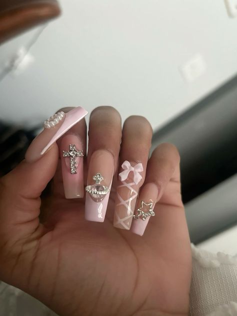 Pink Acrylic Nail Inspo Nail Inspo Planet Charm, Coffin Nails With Charms, Planet Nail Charms On Nails, Acrylic Nail Designs With Charms, Nails Ideas With Charms, Baddie Nails With Charms, Nails With Planet Charm, Nails With Lots Of Charms, Nails With A Lot Of Charms