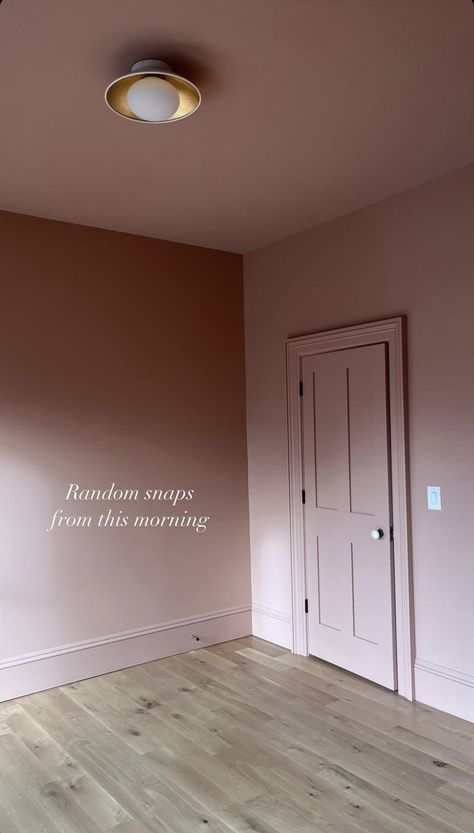 Pink Walls And Trim, Sulking Room Pink Hallway, Pink Color Drenched Room, Color Drenched Rooms, Color Drenched Bedroom, Pale Pink Walls, Painting My Room, Girls Room Paint Colors, Pink Painted Walls