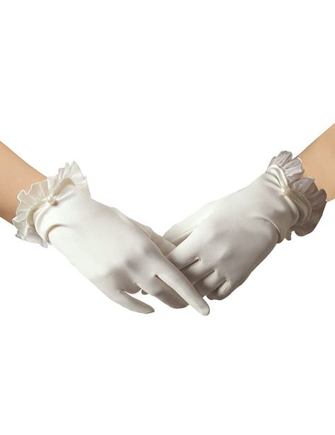 PRICES MAY VARY. MATERIAL - The short satin gloves are made of breathable, skin-friendly and comfortable satin material with pearl. Size - These short women's satin pearl gloves. Standard size, fits most ladies. DESIGN - The short gloves are made of satin with a pearl drops at the wrist and a ruffled design for around. The gloves are easy to put on and take off, allowing you to better express your charm and gentleness. OCCASIONS - Suitable for weddings, parties, dinners, bridal ceremonies, engag White Gloves Aesthetic, Satin Gloves Wedding, Sally Slater, Balls Birthday Party, Jigsaw Costume, Pearl Gloves, Party Dinners, Tea Evening, Princess Gloves