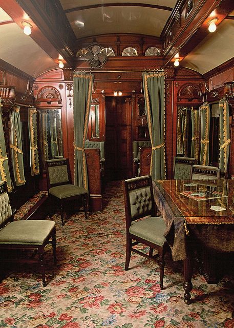 Private Railroad Car Interiors | interior pullman private car Passenger Trains Interior, Vintage Train Car Interior, Victorian Train Interior, Vintage Train Interior, Private Rail Car, Train Car House, Train Car Interior, Train House, Orient Express Train