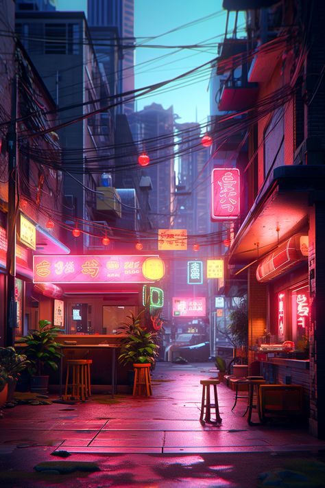 A myriad of shops, cafes, and hidden corners, the street is bathed in a neon aura. Created in Midjourney #digitalart #street #urban #digitalartwork #aiart #wallpaper #midjourney #midjourneyart #alley #conceptshops #settings #worldbuilding #cyberpunk #vaporwave #architecturedesign Cyberpunk City Rooftop, Cyberpunk Alley Concept Art, Cyberpunk Back Alley, Cyberpunk Neighborhood, Neon City Street, Neon Environment, Cyberpunk School, Cyberpunk Cafe, Neon Alley