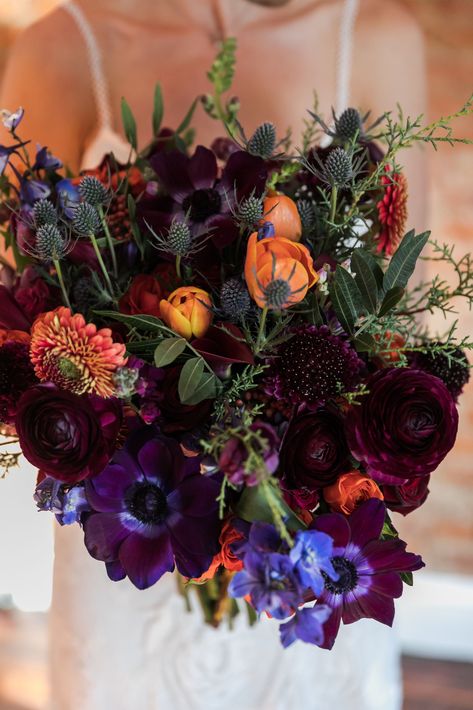 Jewel Tone Fall Bouquet, Moody Fall Outdoor Wedding, Deep Purple And Blue Wedding, Winter Bridal Flowers, Moody Flower Bouquet, Mulberry Wedding Flowers, Wedding Florals Winter, Fall Colorful Wedding, Goblin Wedding