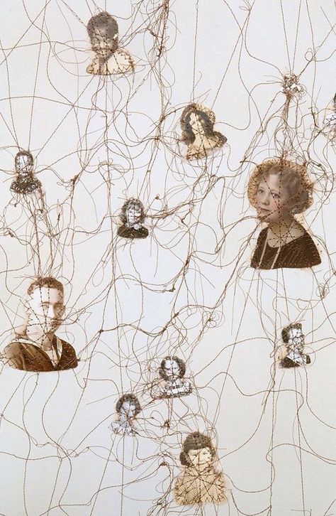 This photo links to 'together' theme because the photos of different people are interconnected by entangled threads suggesting an idea of connection among different generations within a family. Lisa Kokin, Found Photos, Gcse Art, A Level Art, Art Textile, Art Plastique, Art Sketchbook, Installation Art, Textile Art