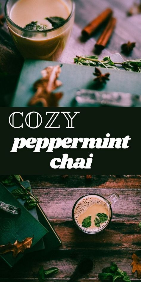 This cozy and comforting Peppermint Chai recipe is filled with heartwarming spices, a touch of sweetness and a big dose of flavor for a wholly delicious drink perfect anytime of year. Plant-based and vegan. #chaitea #peppermintchai #peppermintchai #peppermintchailatte | Peppermint Chai Latte Pumpkin Hot Chocolate Recipe, Moon Milk Recipe, Pumpkin Hot Chocolate, Vegetarian Drinks, Magical Moon, Chai Recipe, Mocktail Recipes, Holiday Drink, Peppermint Tea