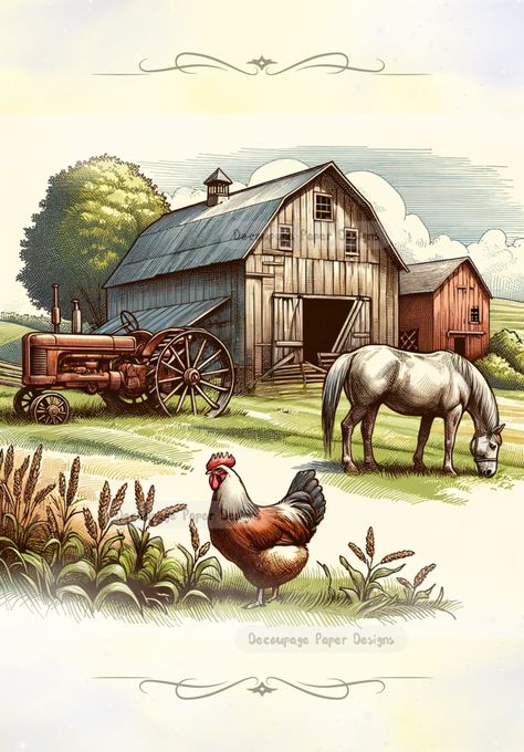 Sketch of brown barn, rooster, tractor and horse. A4 Decoupage Paper for Craft making. Emmy Kalia, Farm Scene Painting, Farm Scenery, Latest Graphic Design Trends, Farm Prints, Western Journal, Latest Graphic Design, Furniture Upcycle, Farm Scene